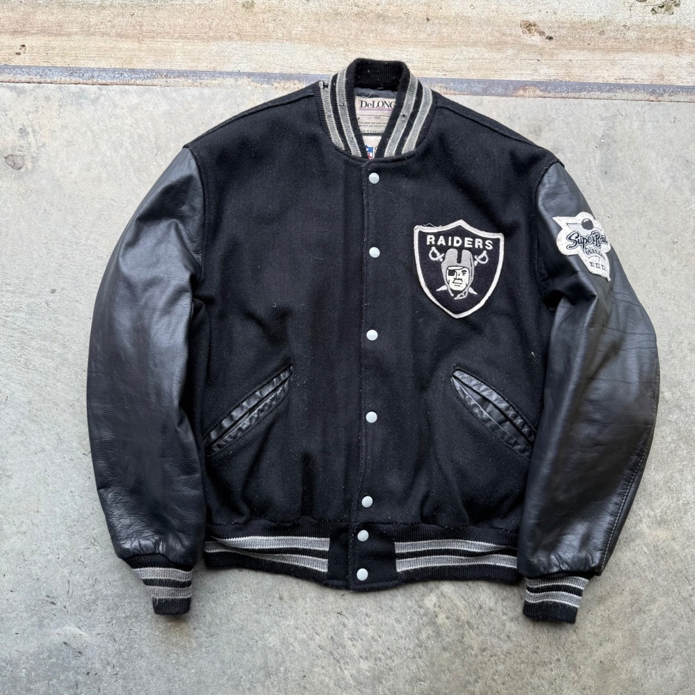 Vintage DeLONG Los Angeles Raiders Varsity Jacket Wool Leather Black Mens 46 USA